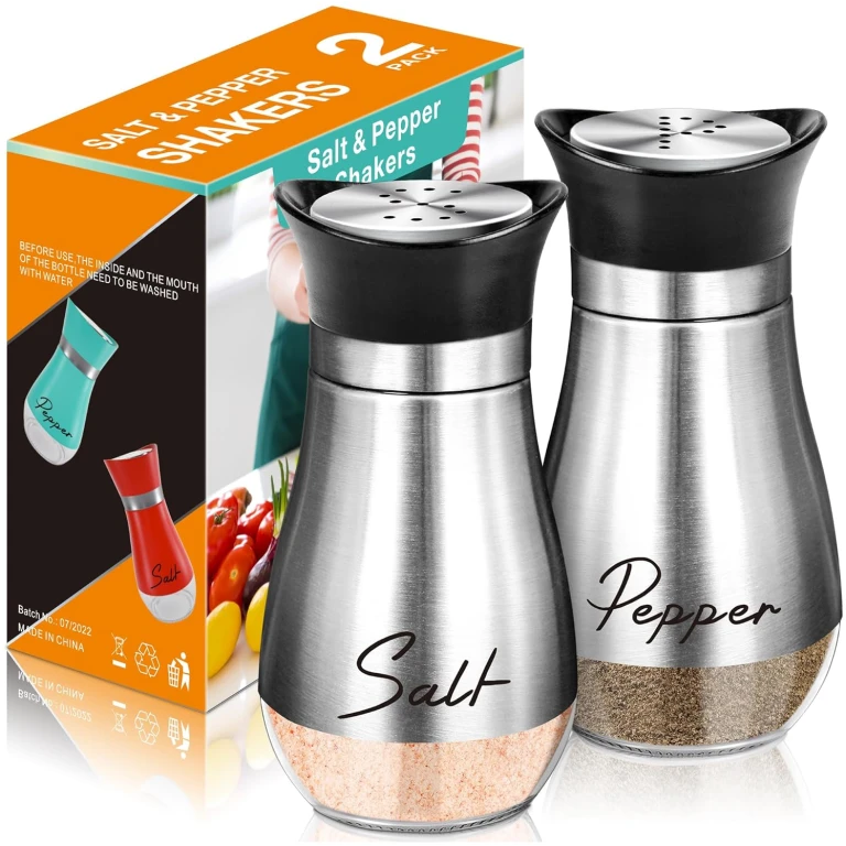 Salt and Pepper Shakers Set,4 oz Glass Bottom Salt Pepper Shaker with Stainless Steel Lid for Kitchen Gadgets Cooking Table, RV, Camp,BBQ Refillable Design (Silver)