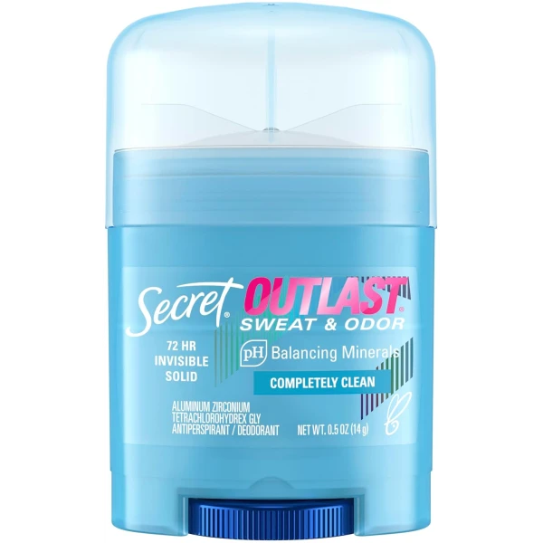 Secret Outlast Antiperspirant Deodorant for Women, 72hr Sweat & Odor Protection, PH Balancing Minerals, Invisible Solid, Completely Clean Scent, Travel Size, 0.5 oz