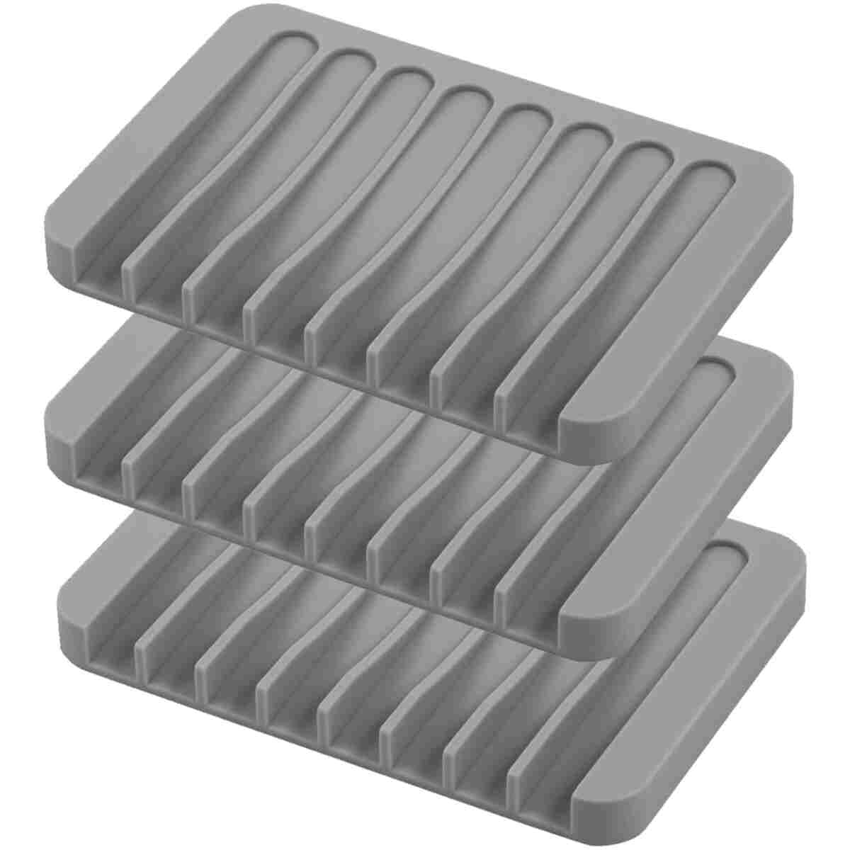 Self Draining Soap Dishes, 3 Pcs Silicone Soap Saver, Waterfall Drainer Soap Holder for Bathroom, Extend Soap Life, Keep Soap Bars Dry Clean & Easy Cleaning (Gray)