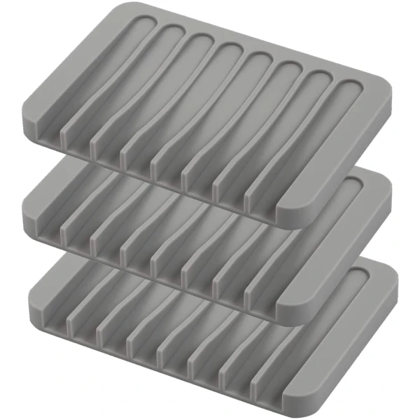 Self Draining Soap Dishes, 3 Pcs Silicone Soap Saver, Waterfall Drainer Soap Holder for Bathroom, Extend Soap Life, Keep Soap Bars Dry Clean & Easy Cleaning (Gray)
