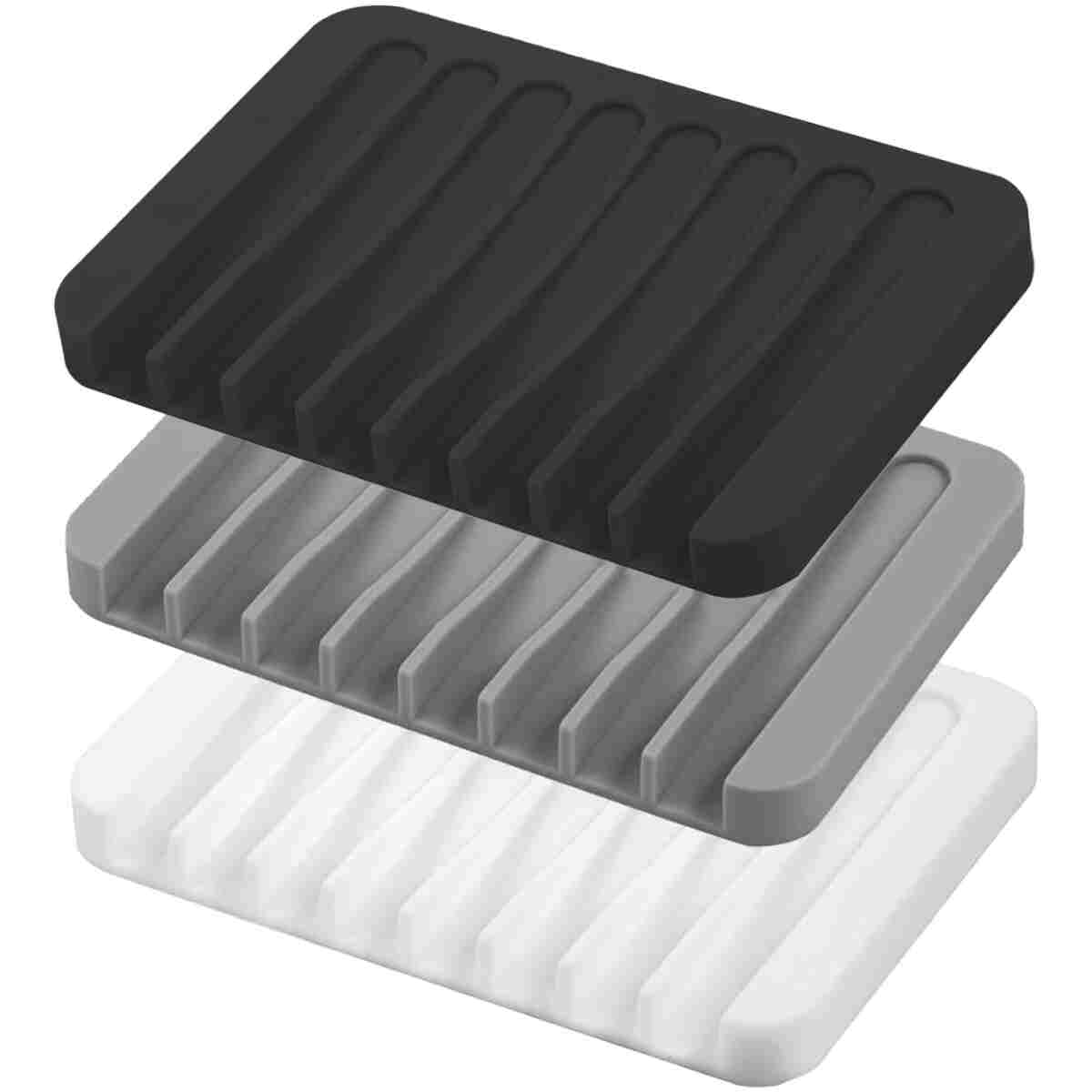 Self Draining Soap Dishes, 3 Pcs Silicone Soap Saver, Waterfall Drainer Soap Holder for Bathroom and Kitchen Sink Organizer, Dish Soap Tray(White, Gray, Black)