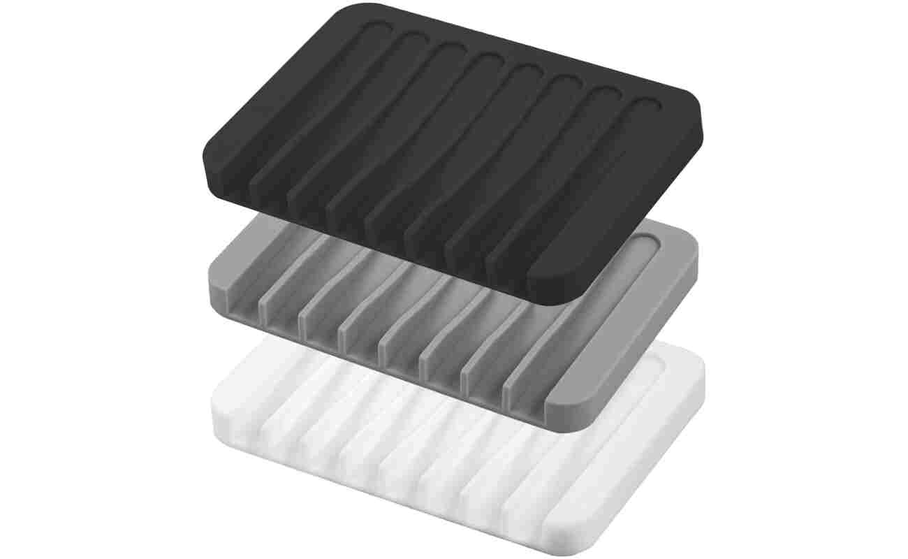 Self Draining Soap Dishes, 3 Pcs Silicone Soap Saver, Waterfall Drainer Soap Holder for Bathroom and Kitchen Sink Organizer, Dish Soap Tray(White, Gray, Black)