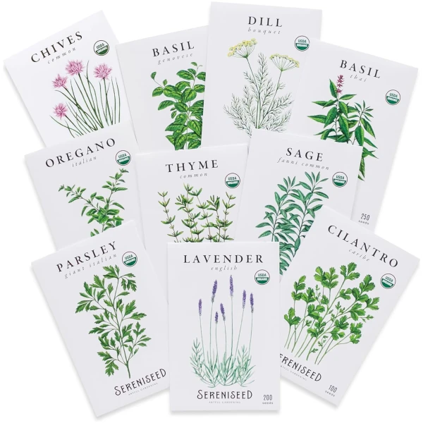 Sereniseed Certified Organic Herb Seeds (10-Pack) – Non GMO, Heirloom – Seed Starting Video - Basil, Cilantro, Oregano, Thyme, Parsley, Lavender, Chives, Sage, Dill Seeds for...