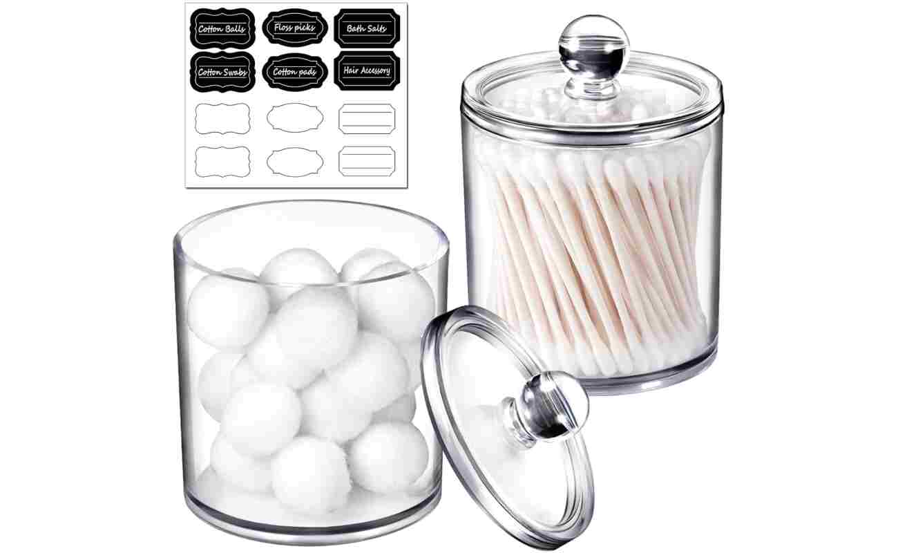 SheeChung 2 Pack Qtip Dispenser Apothecary Jars Bathroom with Labels - Qtip Holder Storage Canister Clear Plastic Acrylic Jar for Cotton Ball,Cotton Swab,Q-tips,Cotton Rounds...