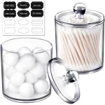 SheeChung 2 Pack Qtip Dispenser Apothecary Jars Bathroom with Labels - Qtip Holder Storage Canister Clear Plastic Acrylic Jar for Cotton Ball,Cotton Swab,Q-tips,Cotton Rounds...
