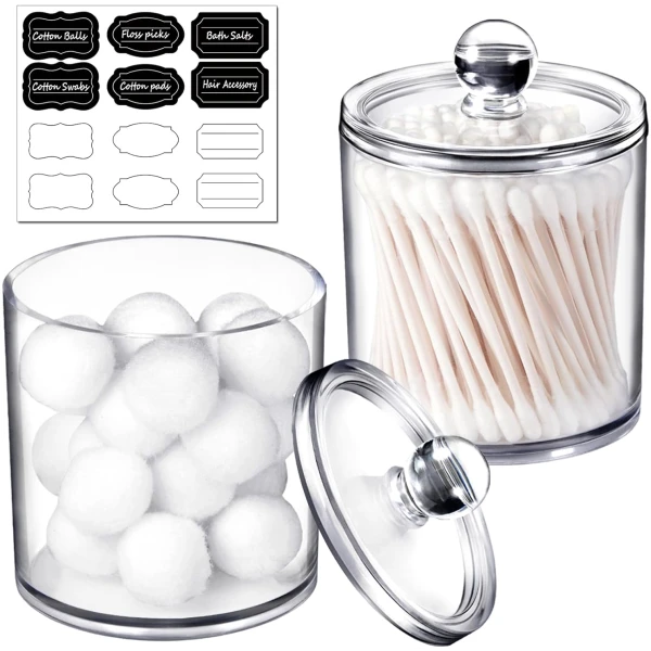 SheeChung 2 Pack Qtip Dispenser Apothecary Jars Bathroom with Labels - Qtip Holder Storage Canister Clear Plastic Acrylic Jar for Cotton Ball,Cotton Swab,Q-tips,Cotton Rounds...