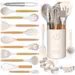 Silicone Cooking Utensils Set - Silicone Kitchen Utensils for Cooking Wooden Handles, 446°F Heat Resistant Kitchen Utensil Spatula Sets w Holder, Gadgets for Non-Stick Cookware...