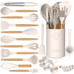 Silicone Cooking Utensils Set - Silicone Kitchen Utensils for Cooking Wooden Handles, 446°F Heat Resistant Kitchen Utensil Spatula Sets w Holder, Gadgets for Non-Stick Cookware...