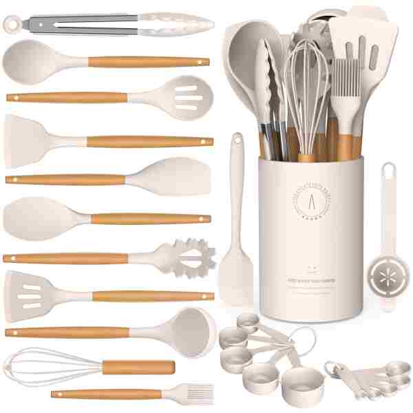 Silicone Cooking Utensils Set - Silicone Kitchen Utensils for Cooking Wooden Handles, 446°F Heat Resistant Kitchen Utensil Spatula Sets w Holder, Gadgets for Non-Stick Cookware...