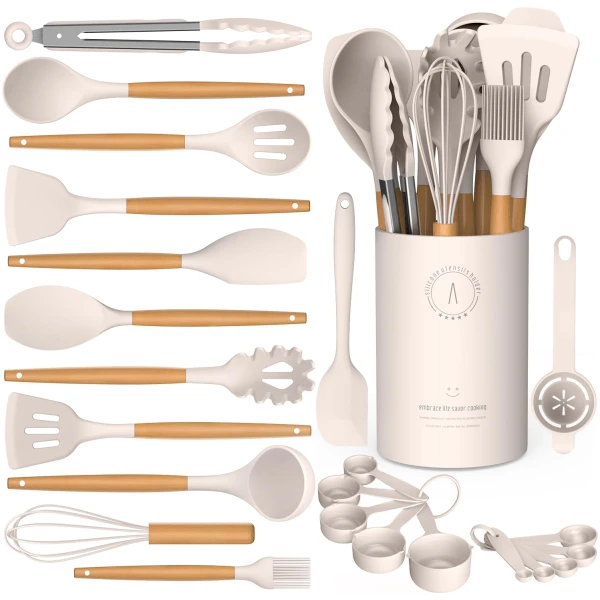 Silicone Cooking Utensils Set - Silicone Kitchen Utensils for Cooking Wooden Handles, 446°F Heat Resistant Kitchen Utensil Spatula Sets w Holder, Gadgets for Non-Stick Cookware...