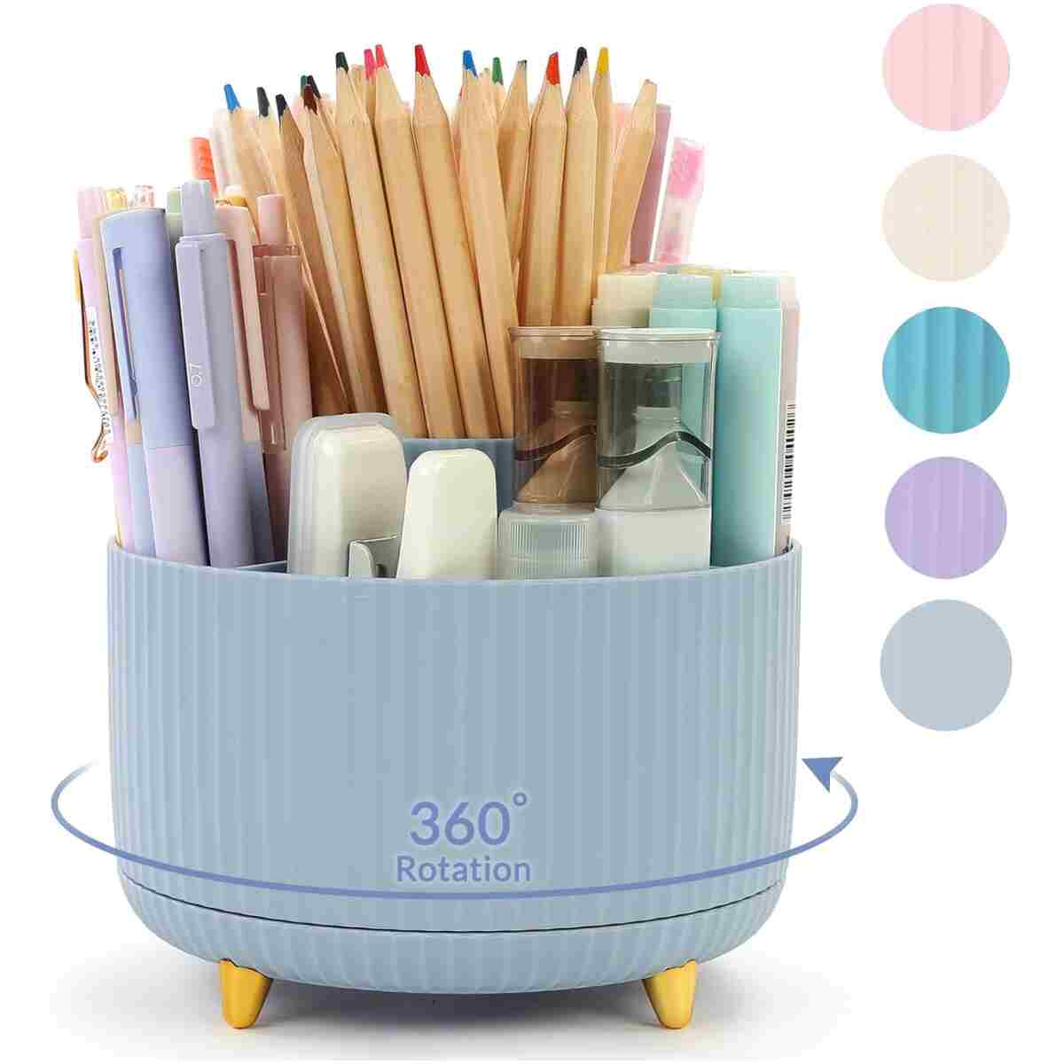 SKYDUE 360 Degree Rotating Desk Organizer, Dual-Purpose Pencil Pen Holder, Rotating Desk Pen Organizer with 5 Slots, Pencil Cup for Office, School, Home (Airy Blue)