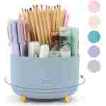 SKYDUE 360 Degree Rotating Desk Organizer, Dual-Purpose Pencil Pen Holder, Rotating Desk Pen Organizer with 5 Slots, Pencil Cup for Office, School, Home (Airy Blue)