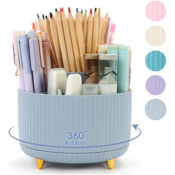 SKYDUE 360 Degree Rotating Desk Organizer, Dual-Purpose Pencil Pen Holder, Rotating Desk Pen Organizer with 5 Slots, Pencil Cup for Office, School, Home (Airy Blue)