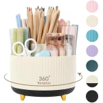 SKYDUE 360 Degree Rotating Desk Organizer, Dual-Purpose Pencil Pen Holder for Desk, Rotating Desk Pen Organizer with 5 Slots, Pencil Cup for Office, School, Home (Beige-Black)