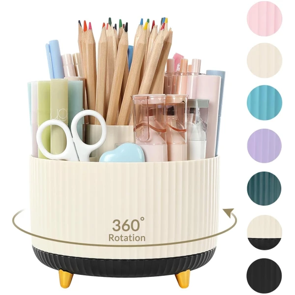 SKYDUE 360 Degree Rotating Desk Organizer, Dual-Purpose Pencil Pen Holder for Desk, Rotating Desk Pen Organizer with 5 Slots, Pencil Cup for Office, School, Home (Beige-Black)