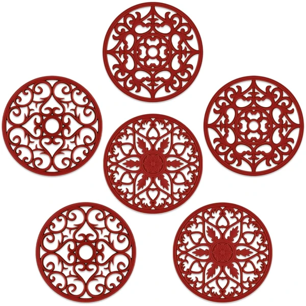SMARTAKE 6 Set Silicone Trivets, Multi-Use Carved Trivet, Insulated Non-Slip Durable Kitchen Mats, Flexible Modern Kitchen Table Mat, for Hot Dishes, Pots, Dining Countertop, Red