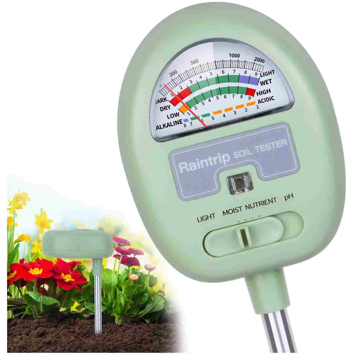 Soil Moisture Meter, 4-in-1 Moisture Meter for Plants, Tester for Moist, Light,Nutrients, pH, Soil Test Kit, Great for Garden, Lawn, Farm, Indoor & Outdoor Use, No Battery Required