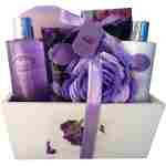 Spa Gift Basket with Lavender Fragrance and Lilac Color - Bath and Body Set Includes Shower Gel, Body Lotion, Hand Lotion, Bath Salt, Flower Sponge and EVA Sponge