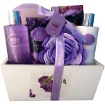 Spa Gift Basket with Lavender Fragrance and Lilac Color - Bath and Body Set Includes Shower Gel, Body Lotion, Hand Lotion, Bath Salt, Flower Sponge and EVA Sponge