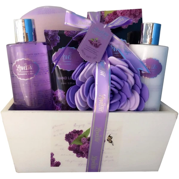 Spa Gift Basket with Lavender Fragrance and Lilac Color - Bath and Body Set Includes Shower Gel, Body Lotion, Hand Lotion, Bath Salt, Flower Sponge and EVA Sponge