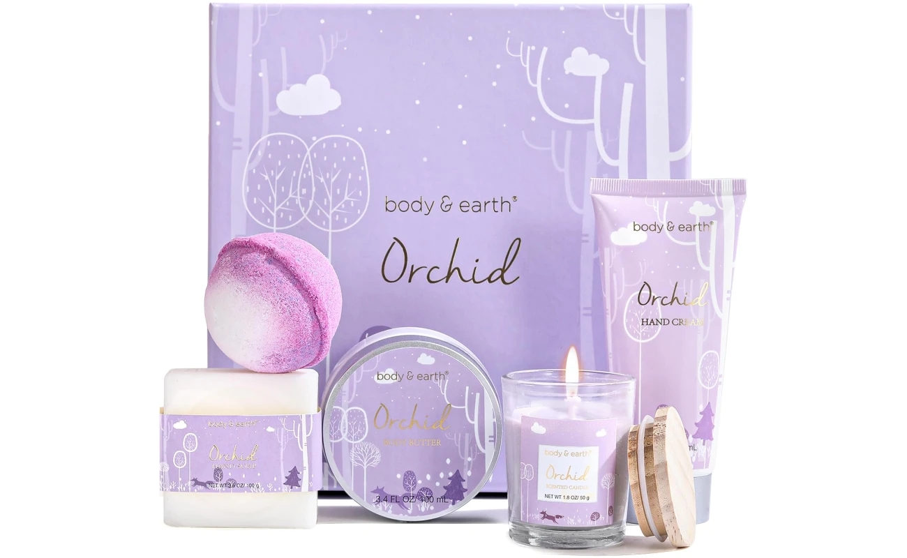 Spa Gifts for Women, Body & Earth 5 Pcs Gifts for Women Orchid Gift Sets, Bath and Body Womens Bath Gifts, Mothers Day Gift for Mom