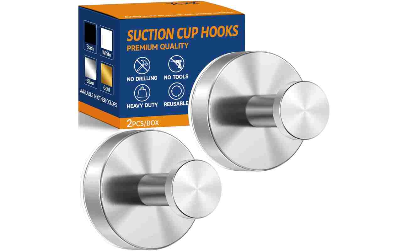 Suction Cup Hooks - 12LB Heavy Duty Stainless Steel No-Drill Hooks for Shower Wall, Bathroom, Kitchen, Glass Door, Tile, Mirror (Silver, 2 Pack)