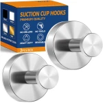 Suction Cup Hooks - 12LB Heavy Duty Stainless Steel No-Drill Hooks for Shower Wall, Bathroom, Kitchen, Glass Door, Tile, Mirror (Silver, 2 Pack)