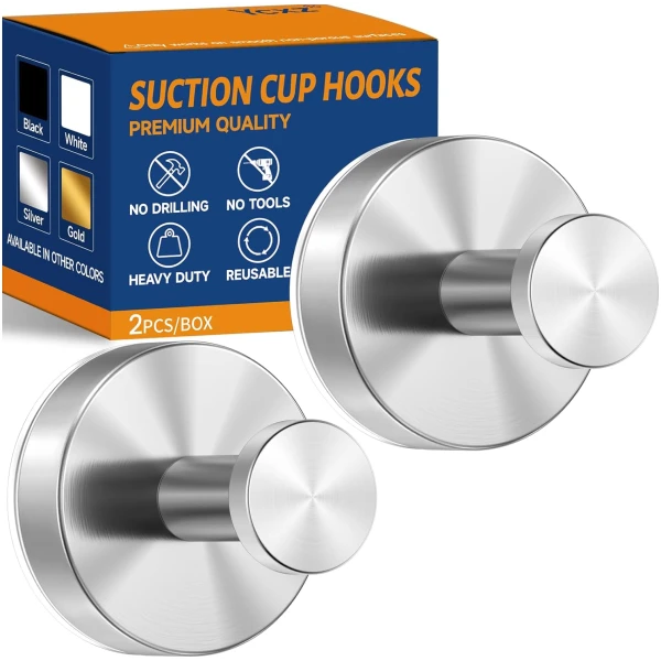 Suction Cup Hooks - 12LB Heavy Duty Stainless Steel No-Drill Hooks for Shower Wall, Bathroom, Kitchen, Glass Door, Tile, Mirror (Silver, 2 Pack)