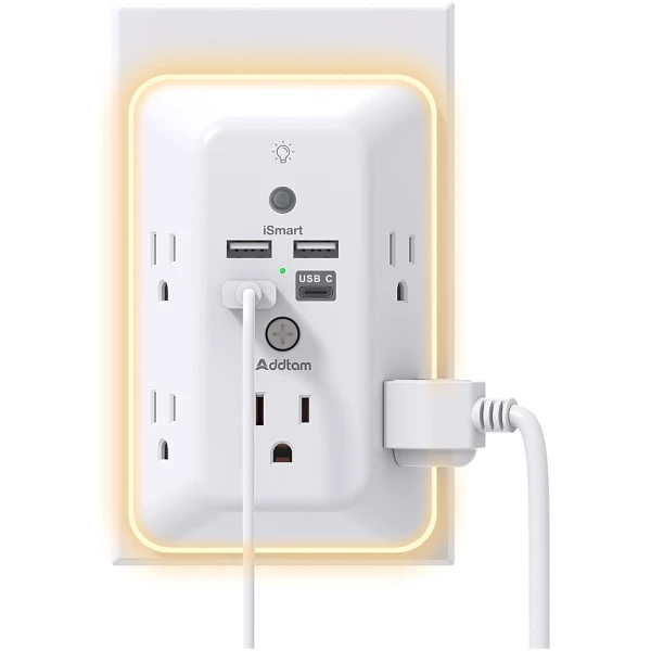 Surge Protector, Outlet Extender with Night Light, Addtam 5-Outlet Splitter and 4 USB Ports(1 USB C), Multi Plug Wall Outlet for Home Office Dorm Room Essentials