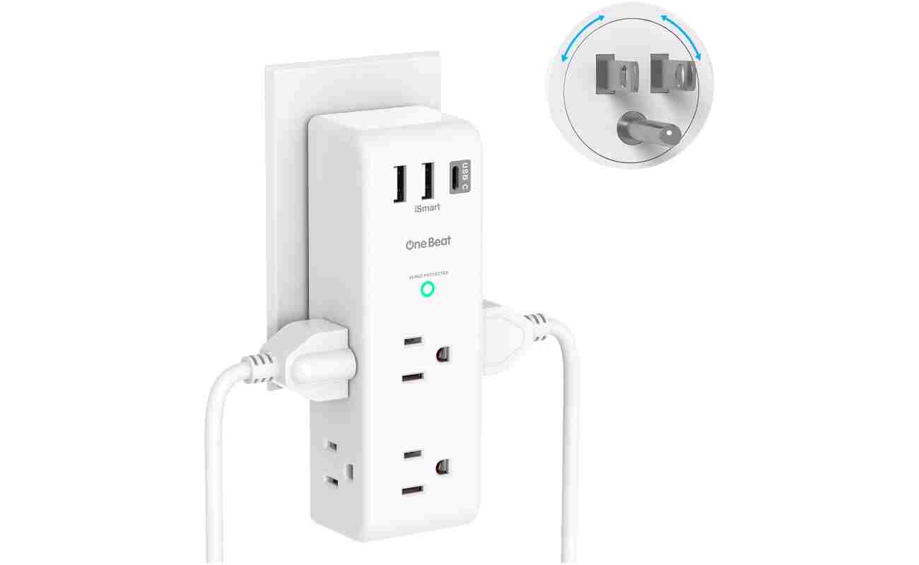 Surge Protector Outlet Extender - with Rotating Plug, 6 AC Multi Plug Outlet with 3 USB Ports (1 USB C), 1800J Wall Charger, 3-Sided Power Strip with Spaced Outlet Splitter for...