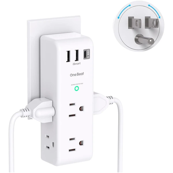 Surge Protector Outlet Extender - with Rotating Plug, 6 AC Multi Plug Outlet with 3 USB Ports (1 USB C), 1800J Wall Charger, 3-Sided Power Strip with Spaced Outlet Splitter for...