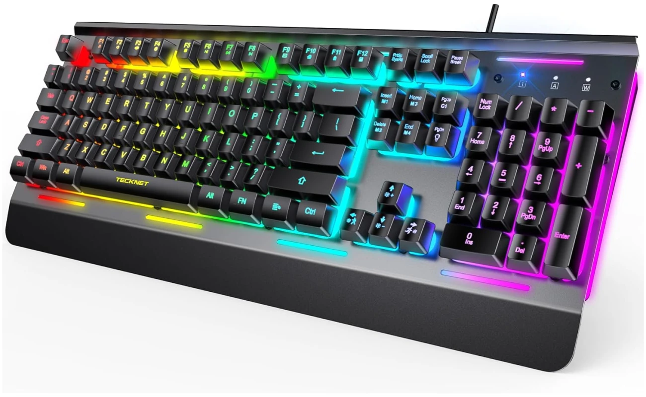 TECKNET Gaming Keyboard, USB Wired Computer Keyboard, 15-Zone RGB Illumination, IP32 Water Resistance, 25 Anti-ghosting Keys, All-Metal Panel (Whisper Quiet Gaming Switch)