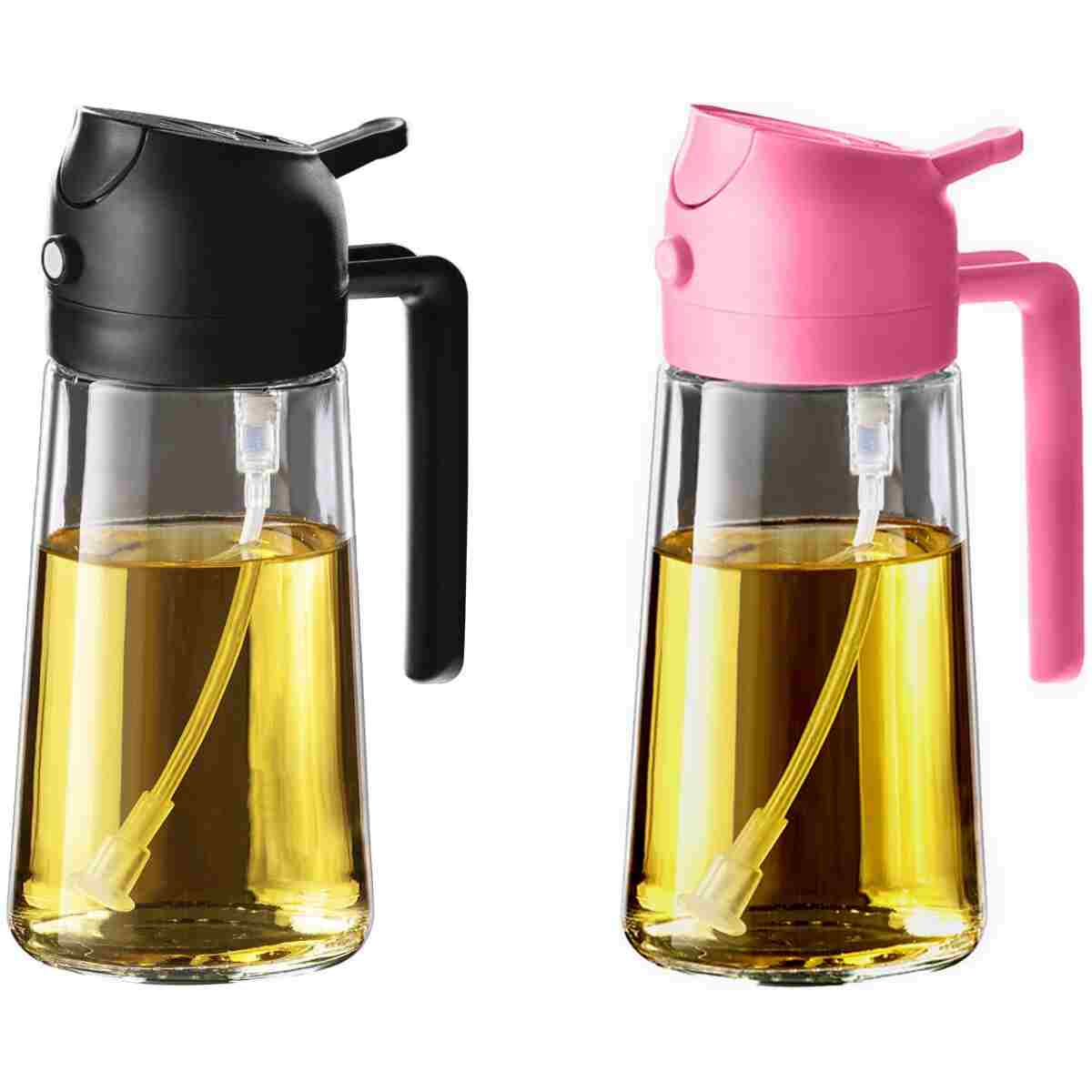 TrendPlain 16oz/470ml Glass Olive Oil Sprayer for Cooking - 2 in 1 Olive Oil Dispenser for Kitchen Gadgets, Air Fryer, Salad, and BBQ - Black & Bubblegum