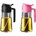 TrendPlain 16oz/470ml Glass Olive Oil Sprayer for Cooking - 2 in 1 Olive Oil Dispenser for Kitchen Gadgets, Air Fryer, Salad, and BBQ - Black & Bubblegum