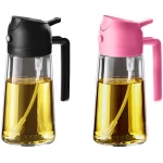 TrendPlain 16oz/470ml Glass Olive Oil Sprayer for Cooking - 2 in 1 Olive Oil Dispenser for Kitchen Gadgets, Air Fryer, Salad, and BBQ - Black & Bubblegum