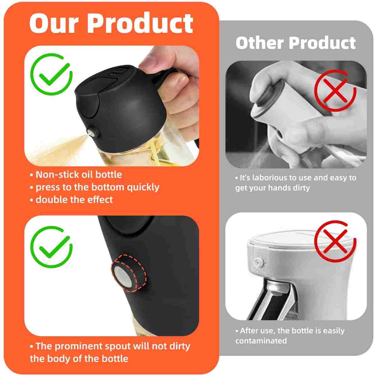 TrendPlain 16oz/470ml Glass Olive Oil Sprayer for Cooking - 2 in 1 Olive Oil Dispenser for Kitchen Gadgets, Air Fryer, Salad, and BBQ - Black & Bubblegum