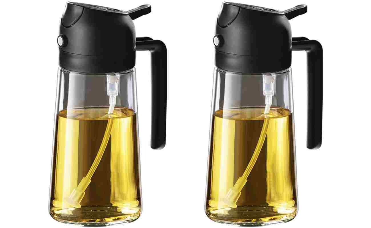 TrendPlain 16oz/470ml Glass Olive Oil Sprayer for Cooking - 2 in 1 Olive Oil Dispenser for Kitchen Gadgets, Air Fryer, Salad, and BBQ - 2 Black