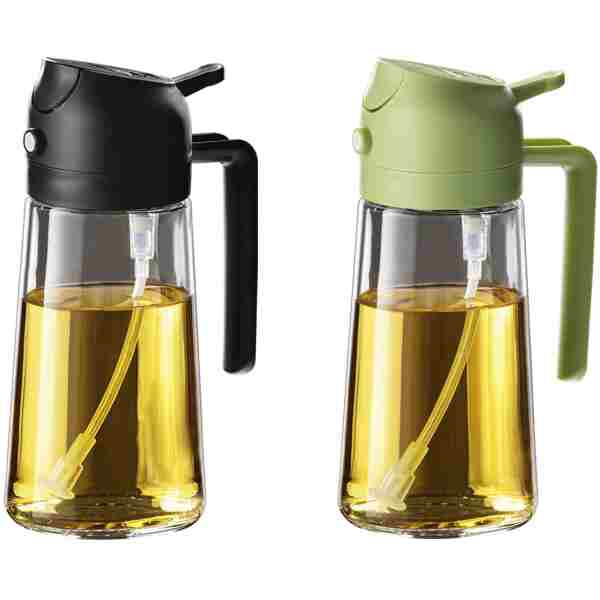 TrendPlain 16oz/470ml Glass Olive Oil Sprayer for Cooking - 2 in 1 Olive Oil Dispenser for Kitchen Gadgets, Air Fryer, Salad, and BBQ - Black & Green