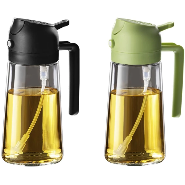 TrendPlain 16oz/470ml Glass Olive Oil Sprayer for Cooking - 2 in 1 Olive Oil Dispenser for Kitchen Gadgets, Air Fryer, Salad, and BBQ - Black & Green