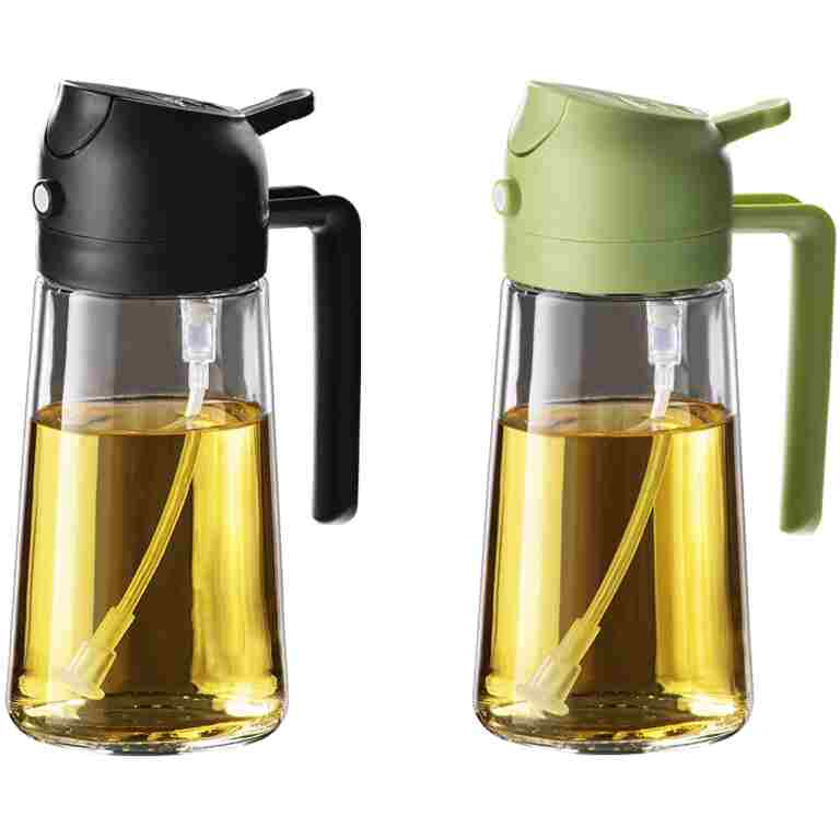 TrendPlain 16oz/470ml Glass Olive Oil Sprayer for Cooking - 2 in 1 Olive Oil Dispenser for Kitchen Gadgets, Air Fryer, Salad, and BBQ - Black & Green