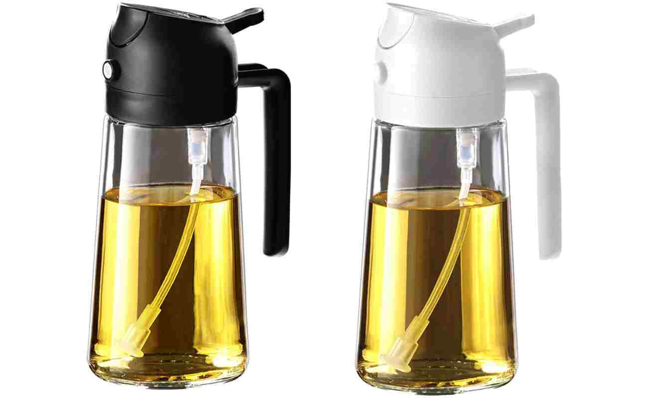 TrendPlain 16oz/470ml Glass Olive Oil Sprayer for Cooking - 2 in 1 Olive Oil Dispenser for Kitchen Gadgets, Air Fryer, Salad, and BBQ - Black & White