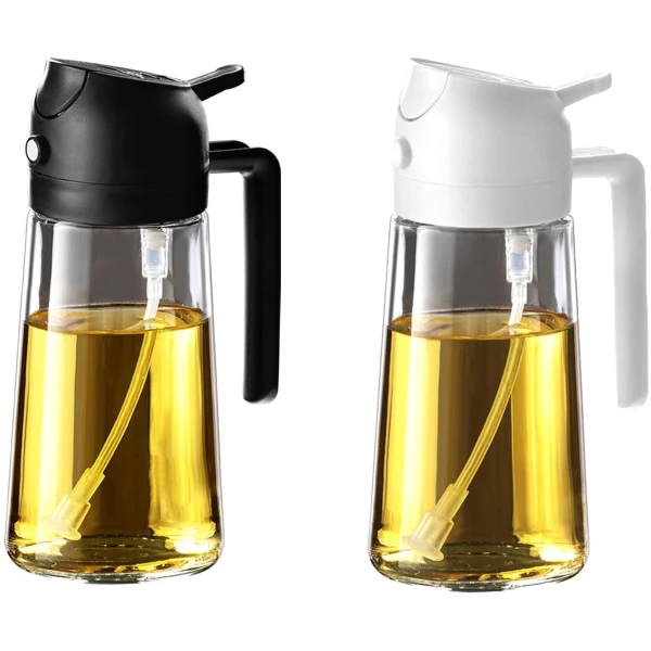 TrendPlain 16oz/470ml Glass Olive Oil Sprayer for Cooking - 2 in 1 Olive Oil Dispenser for Kitchen Gadgets, Air Fryer, Salad, and BBQ - Black & White