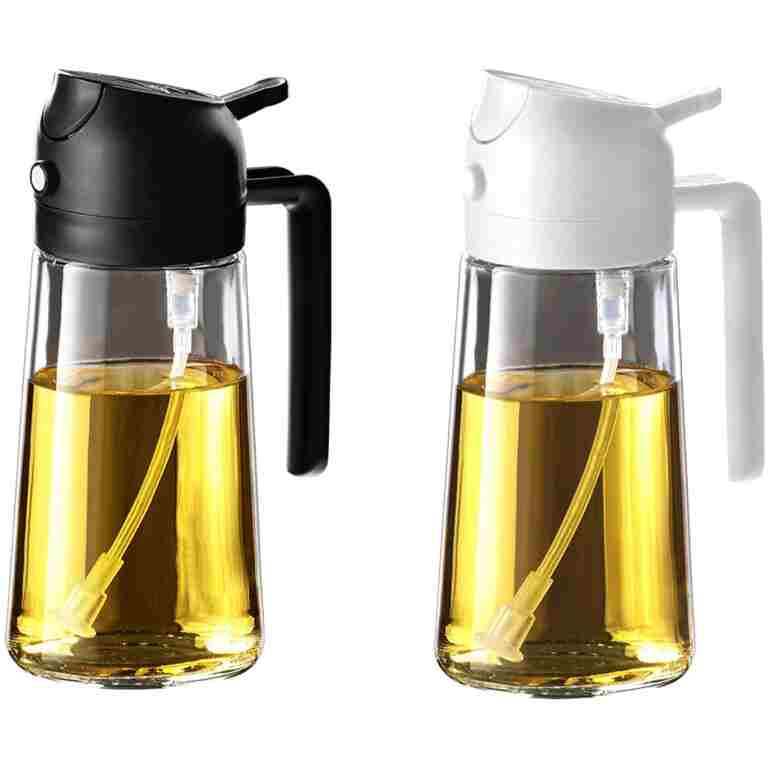 TrendPlain 16oz/470ml Glass Olive Oil Sprayer for Cooking - 2 in 1 Olive Oil Dispenser for Kitchen Gadgets, Air Fryer, Salad, and BBQ - Black & White