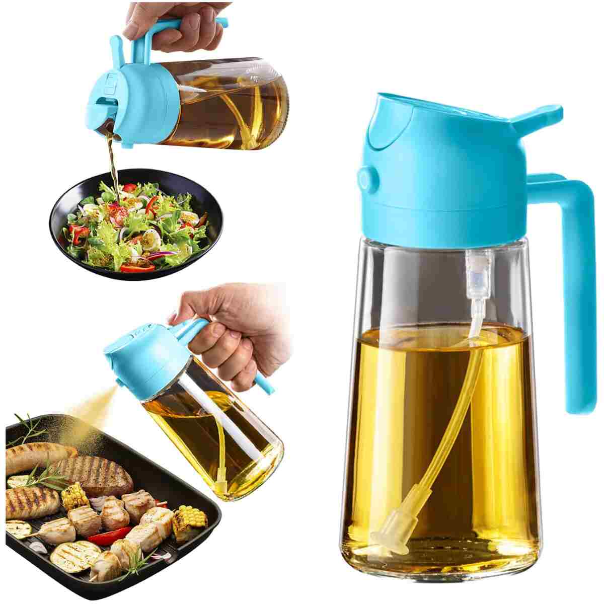 TrendPlain 16oz/470ml Glass Olive Oil Sprayer for Cooking - 2 in 1 Olive Oil Dispenser for Kitchen Gadgets, Air Fryer, Salad, and BBQ - Black & White