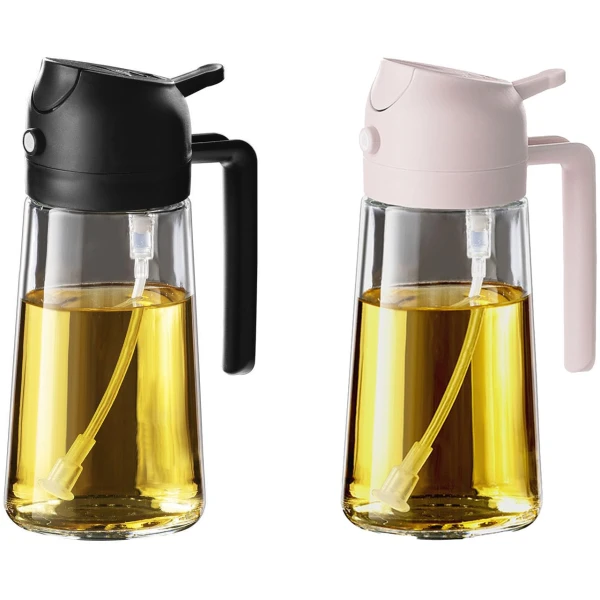 TrendPlain 16oz/470ml Glass Olive Oil Sprayer for Cooking - 2 in 1 Olive Oil Dispenser for Kitchen Gadgets, Air Fryer, Salad, and BBQ - Black & Peach