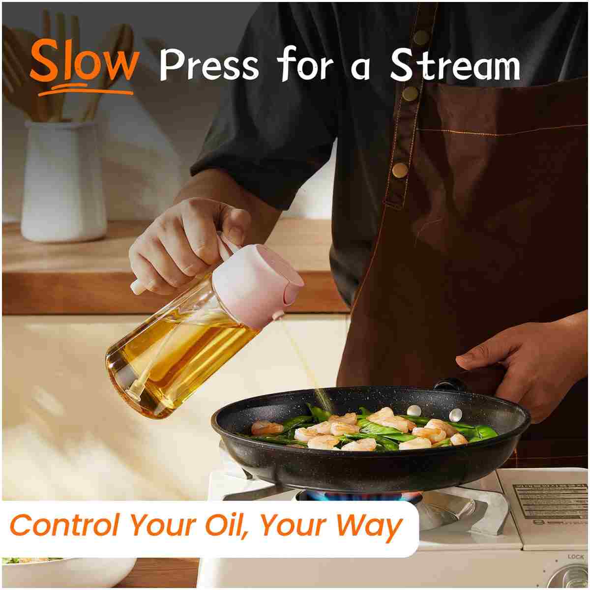 TrendPlain 16oz/470ml Glass Olive Oil Sprayer for Cooking - 2 in 1 Olive Oil Dispenser for Kitchen Gadgets, Air Fryer, Salad, and BBQ - Black & Peach