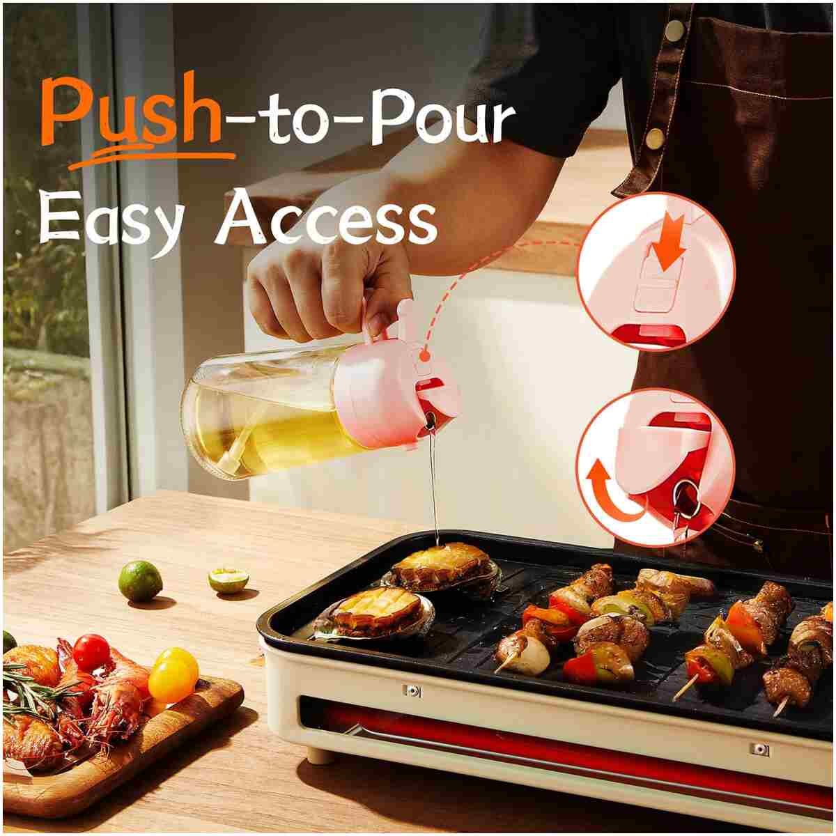 TrendPlain 16oz/470ml Glass Olive Oil Sprayer for Cooking - 2 in 1 Olive Oil Dispenser for Kitchen Gadgets, Air Fryer, Salad, and BBQ - Black & Peach