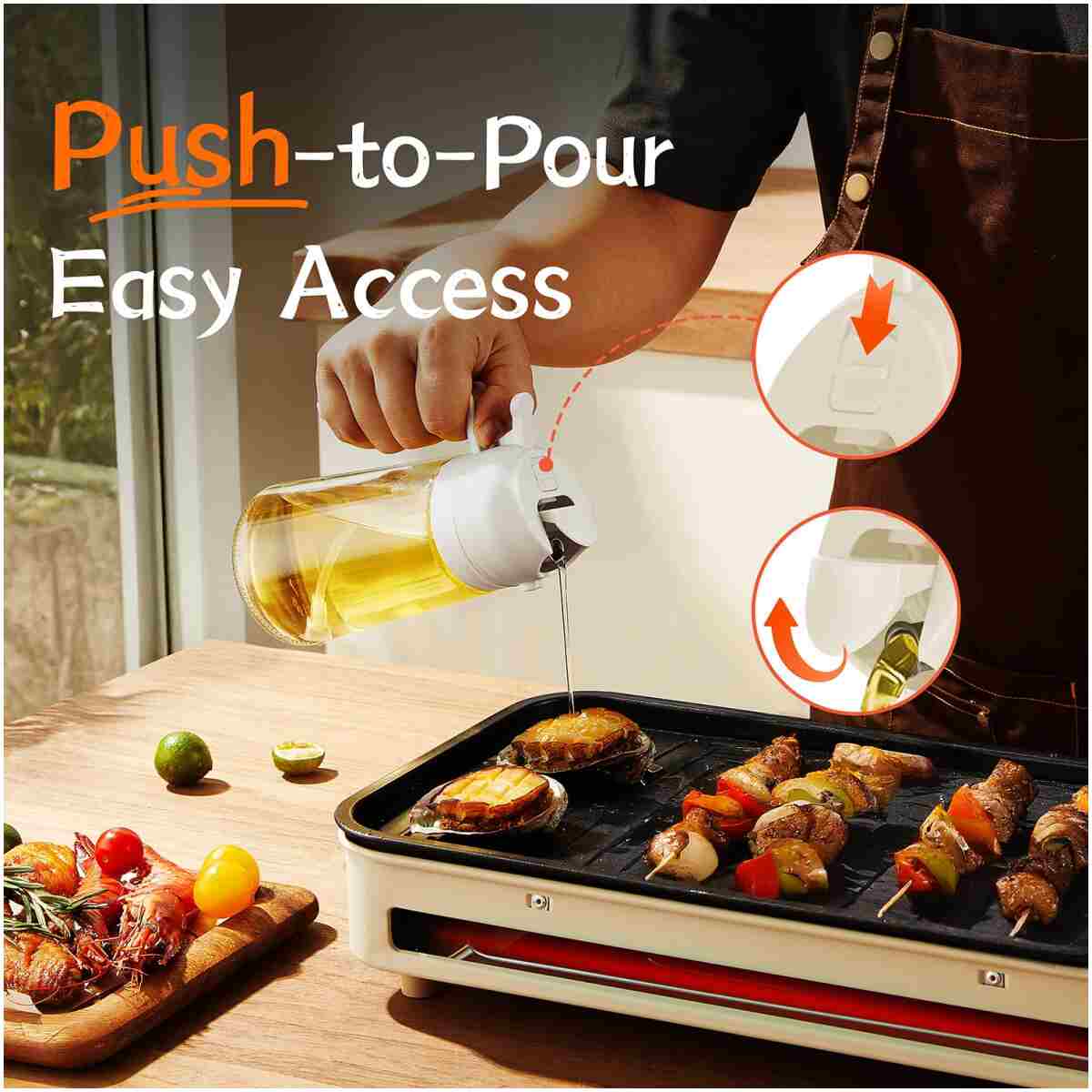 TrendPlain 16oz/470ml Glass Olive Oil Sprayer for Cooking - 2 in 1 Olive Oil Dispenser for Kitchen Gadgets, Air Fryer, Salad, and BBQ - Black & Peach