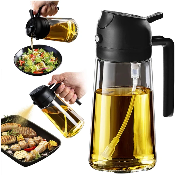 TrendPlain 16oz/470ml Glass Olive Oil Sprayer for Cooking - 2 in 1 Olive Oil Dispenser for Kitchen Gadgets, Air Fryer, Salad, and BBQ - Black