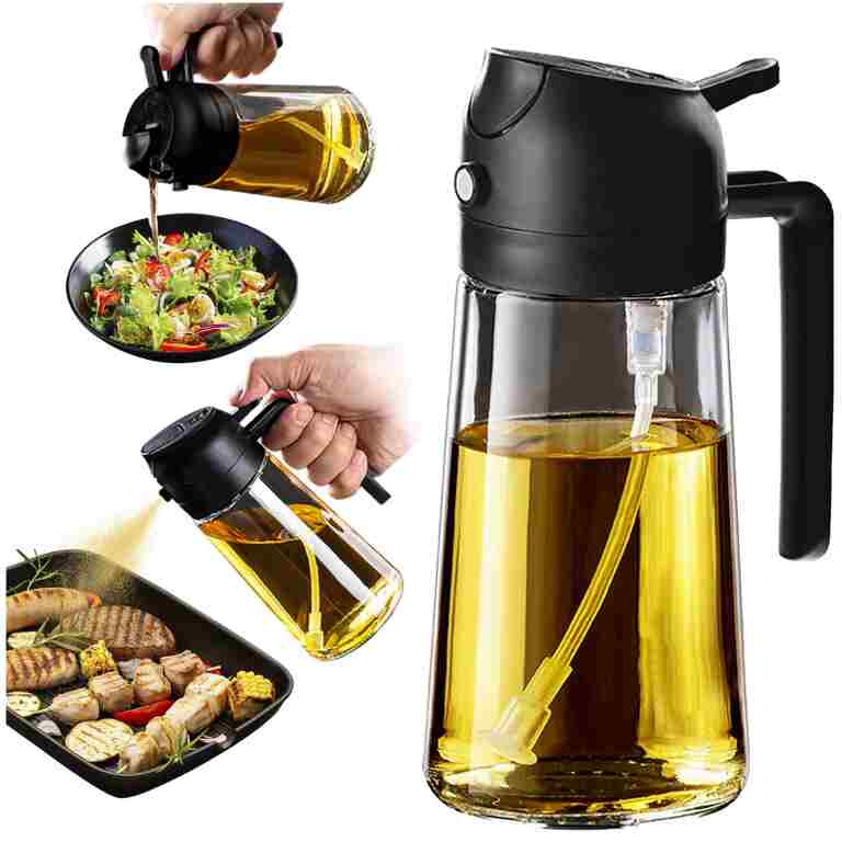 TrendPlain 16oz/470ml Glass Olive Oil Sprayer for Cooking - 2 in 1 Olive Oil Dispenser for Kitchen Gadgets, Air Fryer, Salad, and BBQ - Black
